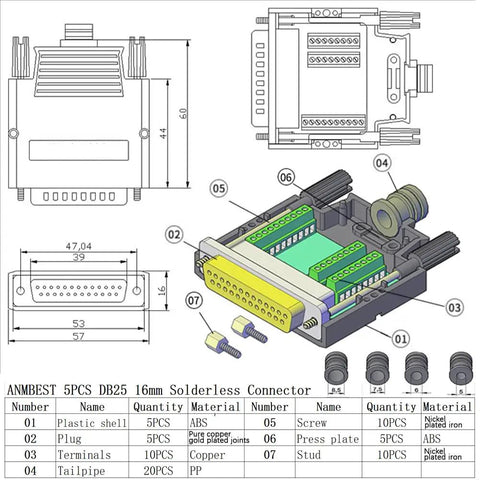 Technical diagram of DB25 Solderless Connector 10 Piece Set With Five Male And Five Female Pins 16mm RS232 Serial Port Breakout Board