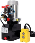Yaton 12V Hydraulic Power Unit Double Acting Pump with steel reservoir and yellow control, ideal for dump trailers and log splitters.