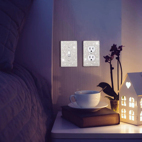 Six Piece Diamond Light Switch Cover Set Dope Rhinestone Bling Wall Plates For Single Gang And Duplex Outlets Sparkly Home Decor And Modern Interior Style in a cozy bedroom setting