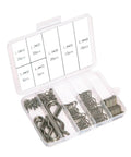 95 Piece Cotter Pins Kit With 7 Sizes Heavy Duty Stainless Steel R Clips For Trailer Hitch And Spring Fasteners Rustproof 304 Grade Hardware Essentials in a clear plastic case.