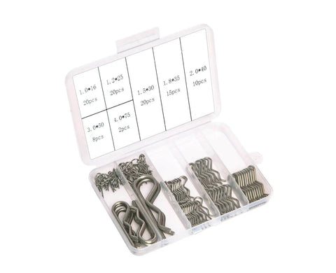 95 Piece Cotter Pins Kit With 7 Sizes Heavy Duty Stainless Steel R Clips For Trailer Hitch And Spring Fasteners Rustproof 304 Grade Hardware Essentials in a clear plastic case.