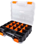 RC Gear Organizer Box With Adjustable Compartments And Removable Dividers, open view with orange accents