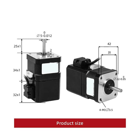 Two brake stepper motors, 12V, 4-lead, 28 Ncm, NEMA17; front and side views.