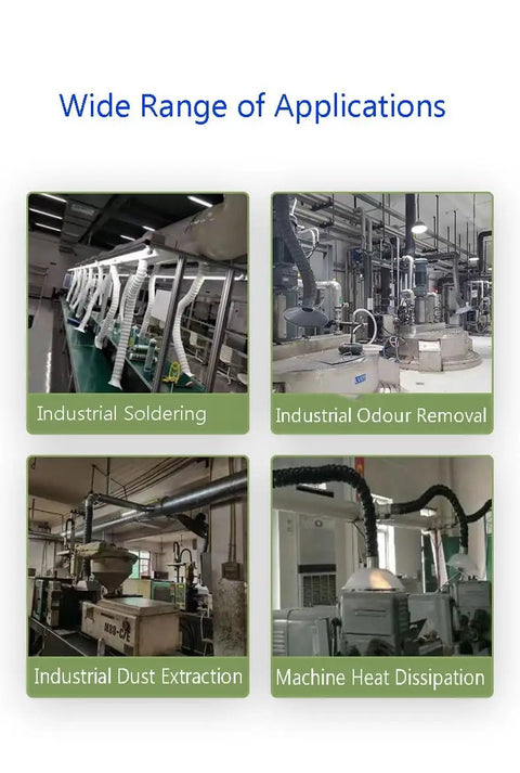 Wide range of applications showcasing flexible gooseneck fume extraction arm for industrial soldering and dust extraction.