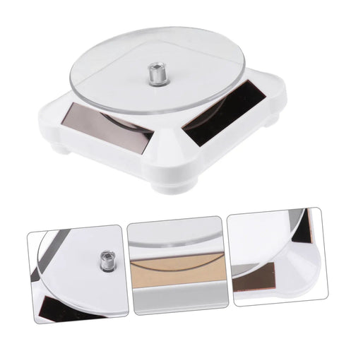 Solar Powered Rotating Display Turntable For Jewelry Phones And Accessories Lightweight Compact Electric Showcase Stand With Good Load Capacity, top view showing clear surface.