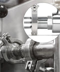 Sanitary ball valve, stainless steel, 2.5-inch tube OD, tri-clamp ends — close-up.