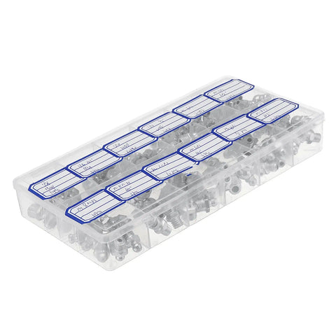 130Pcs Hydraulic Grease Fittings Assortment Kit with Storage Box, includes M6 M8 M10 UNF, metric and imperial galvanized nipples.