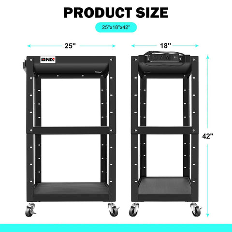 Front and side view of Three Tier Steel AV Cart On Wheels With Adjustable Height From 24 To 42 Inches shown with measurements.