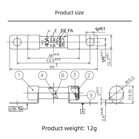 Badass Protection Rock Solid Electric Vehicle High Voltage DC Fuse 500 Volt 40 Amp Heavy Duty Automotive Replacement Circuit Protector schematic with dimensions.