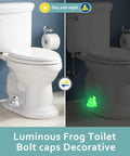 Frog Toilet Bolt Covers Glow In The Dark 2 Pack Luminous Green PLA Push On Screw Caps installed on a toilet, day and night view
