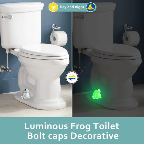Frog Toilet Bolt Covers Glow In The Dark 2 Pack Luminous Green PLA Push On Screw Caps installed on a toilet, day and night view