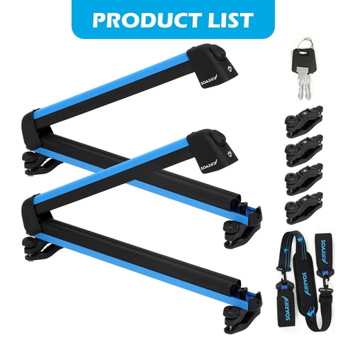 Heavy Duty Aluminum Roof Ski Rack With Secure Strap Carrier For Skis Snowboards And Paddleboards Universal Crossbar Fit, product parts laid out.
