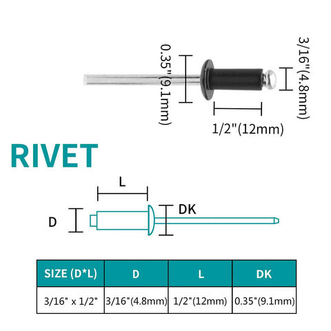 All Purpose Aluminum Blind Rivet Kit With Tri Grip Pop Rivets For Kayak Boat Marine Use 3/16 Inch By 1/2 Inch Black Pack Of 100 Rivets Durable Aluminum Body No Plastic Zorveiio, diagram and dimensions