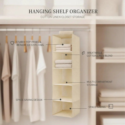 Vertical Hanging Closet Shelf Organizer Multi Tier Open Compartments Hella Efficient Linen Sock Towel Storage No Drilling Needed Super Easy Access To Maximize Closet Height on a closet rod with folded towels.