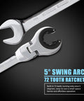 Close-up of 9 Piece Metric Open Flex Head Ratcheting Wrench Set 8 To 17mm with 72 Tooth Mechanism showing 5° swing arc.