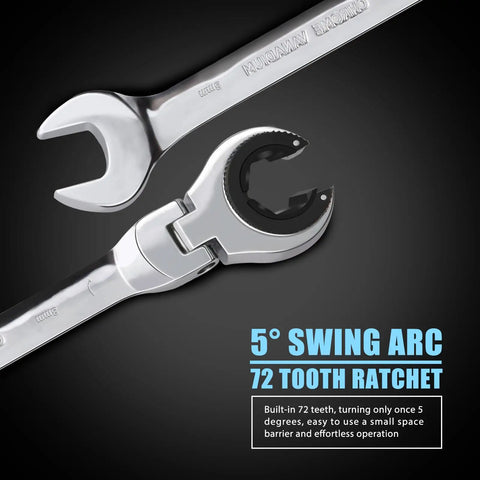 Close-up of 9 Piece Metric Open Flex Head Ratcheting Wrench Set 8 To 17mm with 72 Tooth Mechanism showing 5° swing arc.
