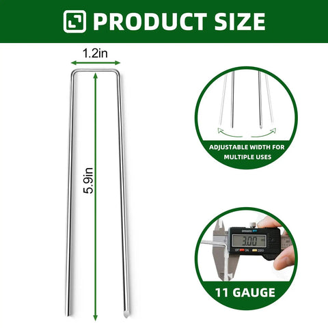 Heavy Duty 6 Inch Galvanized Landscape Staples For Barrier Fabric And Tent Anchors, 11 Gauge Garden Stakes shown in size chart