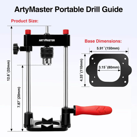 ArtyMaster Portable Drill Guide For Straight Holes with Precision Drilling Jig and Chuck Key Attachment, black and red design.