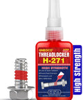 GNECO Threadlocker H-271 red bottle with white nozzle, front view showing bolt and nut, 50 ml