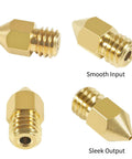 Four 0.6mm MK8 brass extruder nozzles for 3D printers showing smooth input and sleek output, compatible with Ender and MakerBot models