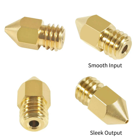 Four 0.6mm MK8 brass extruder nozzles for 3D printers showing smooth input and sleek output, compatible with Ender and MakerBot models
