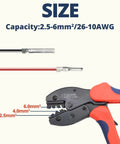 Wire crimper from All In One MC-4 Solar Connector Kit highlighting size capacity for DIY photovoltaic system assembly.