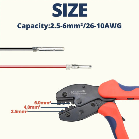Wire crimper from All In One MC-4 Solar Connector Kit highlighting size capacity for DIY photovoltaic system assembly.