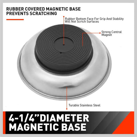 Close-up of 4.5-inch round tray from Magnetic Parts Tray Set For Gearheads And Pros Stainless Steel Heavy Duty Tool Organizer