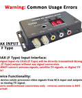 RCA To Coax RF Modulator Converter With Channel Switch For TV Tuner And Set Top Boxes, highlighting common usage errors.