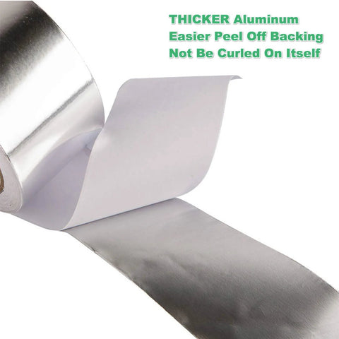Close-up of 2-inch wide silver aluminum foil duct tape being unrolled from a roll.
