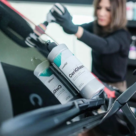 CeriGlass Glass Polish And Cleaner Compound For Auto Glass Restoration 500ml 17oz Removes Swirls Light Scratches Water Spots Tiny Pits And Wiper Grime With Dual Action Machine For Crystal Clear Windshield. Bottle on windshield during polish