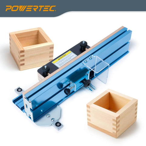 Adjustable Box Joints Jig For Table Saws And Router Tables with MDF Sub Fence and safety blade guard shown with wooden boxes