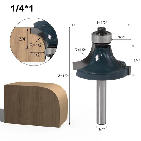 Top Quality 3pcs Round Over Router Bit Set for Woodworking Pros with High Hardness Carbide Tips, 1/4 Inch Shank Cutting Tools For MDF And Cabinets That Look Seriously Dope on display with dimensions.