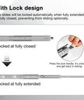 12-Inch Drawer Slides With Lock, Silver Finish, Heavy-Duty Steel Rails For Smooth, Quiet Full-Extension Opens, Easy Install, Ideal For Kitchen Cabinets, Tool Chests, Desks, And DIY Upgrades. Closed and extended lock detail.