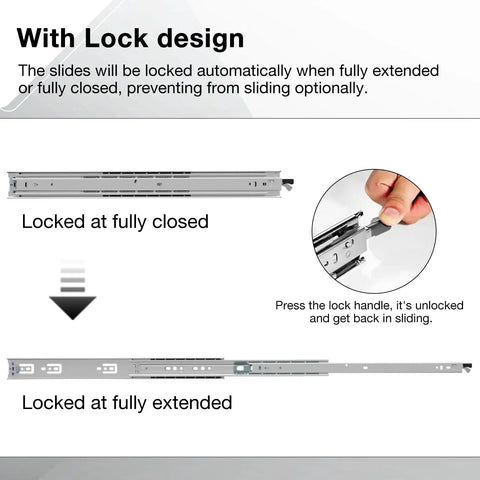 12-Inch Drawer Slides With Lock, Silver Finish, Heavy-Duty Steel Rails For Smooth, Quiet Full-Extension Opens, Easy Install, Ideal For Kitchen Cabinets, Tool Chests, Desks, And DIY Upgrades. Closed and extended lock detail.