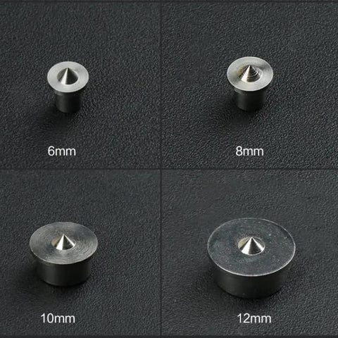 Pro Grade Dowel And Tenon Center Points Set 8 Solid Steel Drill Bit Markers sizes 6mm, 8mm, 10mm, 12mm on black background