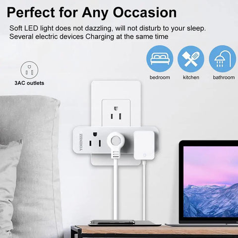 2-Pack Triple Outlet Plug Extender For Travel, Home, And Office, mounted on wall with two devices plugged in