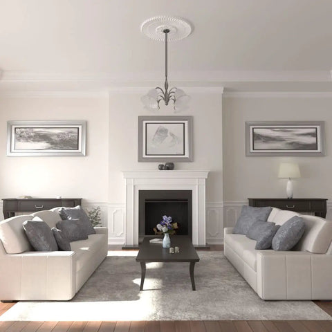 Living room with 36 And One Quarter Inch Outside Diameter Ceiling Medallion With One Seven Eighths Inch Projection Fits Canopies Up To Six And A Quarter Inch Lightweight For Quick Install Dope Detailing Prime Ready For Paint Or Faux Finish above chandelier.