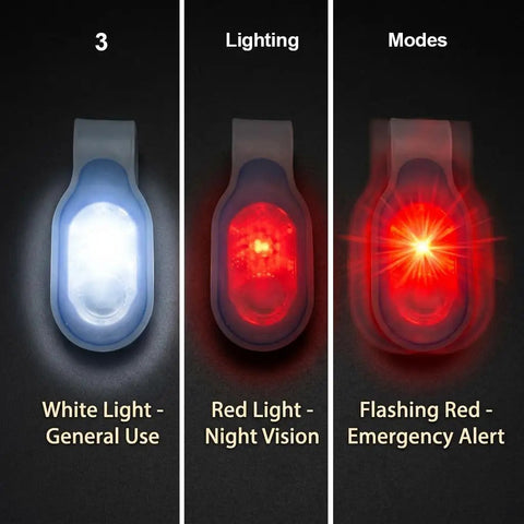 Clip-On LED Nurse Light With Magnetic Clip For Scrubs in three modes: white, red, and flashing red for various uses.