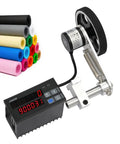 Workhorse Digital Length Meter Counter With Smooth Rolling Measuring Wheel Tracks Feet Inches And Yards Equipped With Dual Relay Output Controls For Heavy Duty Textile Printing Work beside colored textile rolls.