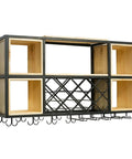 Industrial Iron And Raw Wood Wall Mounted Wine Rack, Heavy Duty Hanging Bottle Holder with storage for glasses.