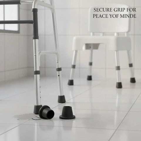 Press On Rubber Foot Pads For Furniture Legs Set Of 4 No Slip Replacement Tips shown on bathroom floor with walker