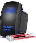 Blue 5 Pin SPST Rocker Switch For Underglow LED Lights 20A At 12V 10A At 24V Laser On Off Includes Jumper Wires No Fuss Install For Cars Trucks RVs Brighter Soft Illumination black rocker switch with blue underglow label and jumper wires