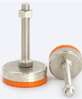 Heavy Hitter Adjustable Leveling Feet Solid As A Rock Carbon Steel Floor Shims No Sweat Quick Set Base Jacks Non Slip Support Pads For Industrial Racks And Heavy Equipment Rigged To Last 2 Pack - Two carbon steel leveling feet with orange rubber base.