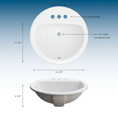 Ready To Rock 19 Inch Round Drop In Bathroom Sink Crafted From Premium Vitreous China featuring faucet holes and rear drain.
