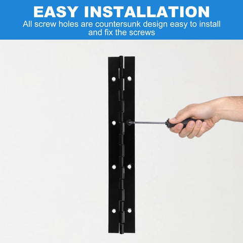Hand installing Sixteen Piece 8 Inch Piano Hinges Straight Up Heavy Duty Continuous Hardware In Rust Resistant Iron With Hella Durable Matte Black Coating.
