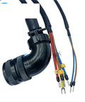 Close-up view of A2 Series servo motor brake cable with holding brake; 15m, black elbow housing and multicolor leads.