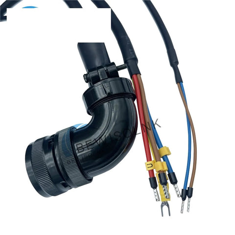 Close-up view of A2 Series servo motor brake cable with holding brake; 15m, black elbow housing and multicolor leads.