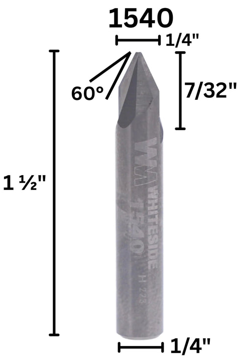 Pro Grade Solid Carbide V Groove Router Bit With Sixty Degree Included Angle One Quarter Inch Shank dimensions marked.