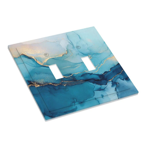 Blue And Gold Marble Texture Double Gang Toggle Light Switch Cover With Elegant Wall Plating That Truly Slaps And Elevates Your Room Aesthetic Without Breaking The Bank, 5x4.9 inches, polycarbonate material.
